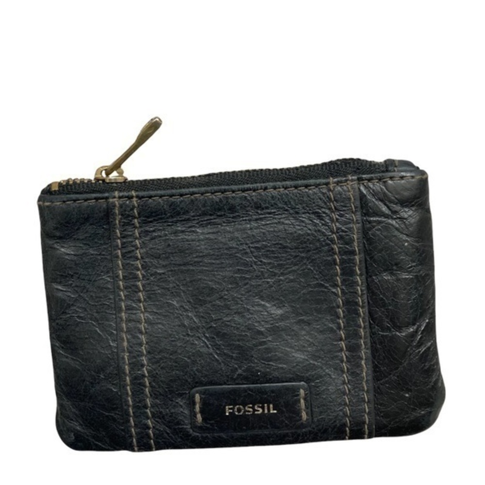 Fossil black leather keyring zipper coin pouch